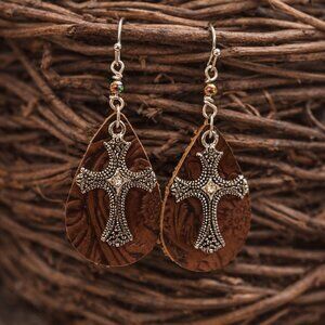 2 for $12 -Beautiful tooled leather cross earrings!
